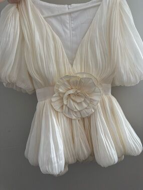 Ivory Pleated Midi Dress with Puff Sleeves